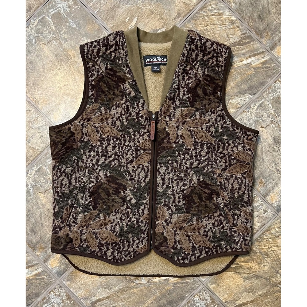 Woolrich Camouflage Vest Mens L Brown Vintage Sherpa Lined Wool Blend Full Zip